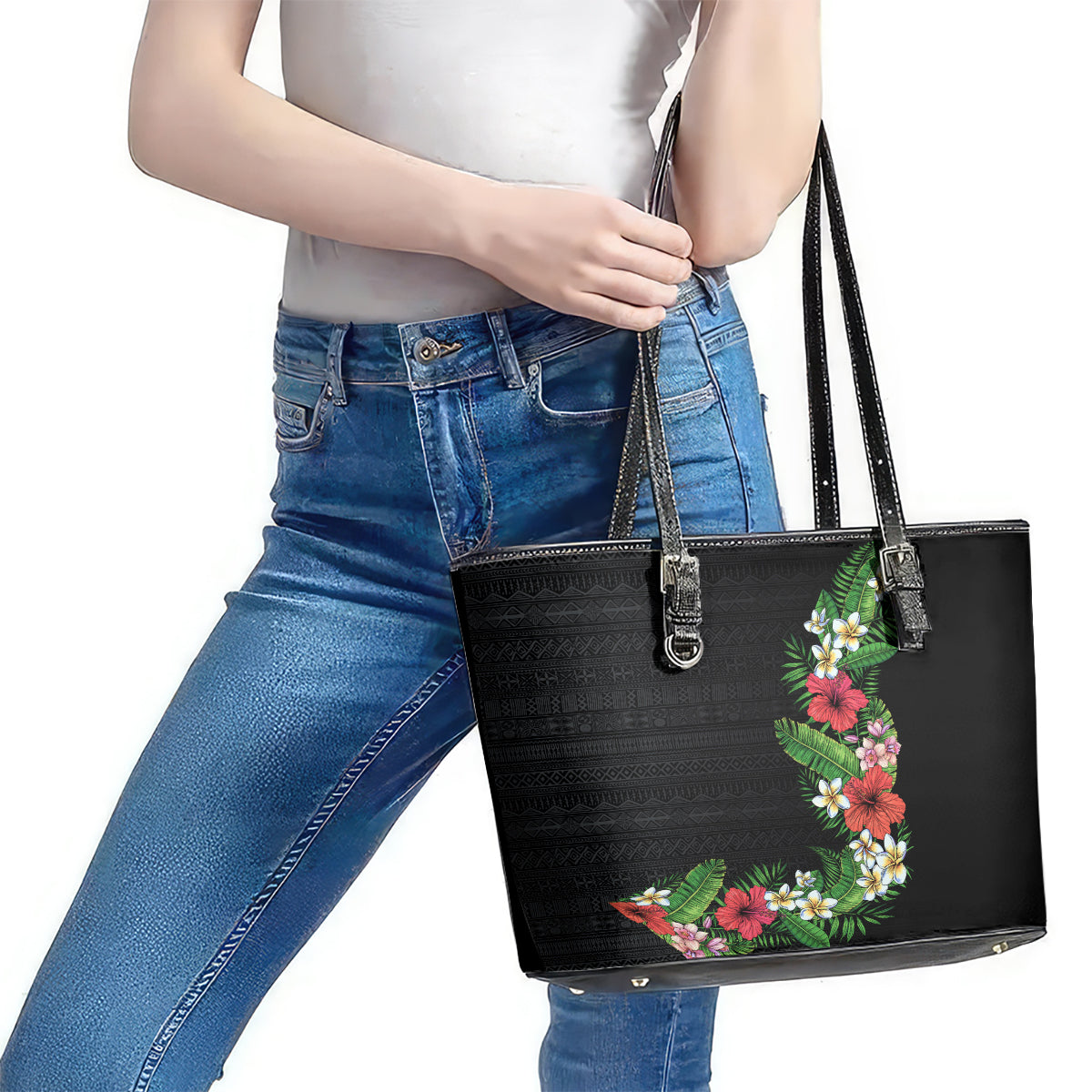 Hawaii Tropical Flowers and Leaves Leather Tote Bag Tapa Pattern Colorful Mode