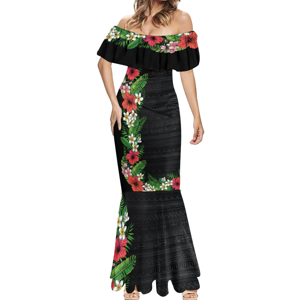 Hawaii Tropical Flowers and Leaves Mermaid Dress Tapa Pattern Colorful Mode