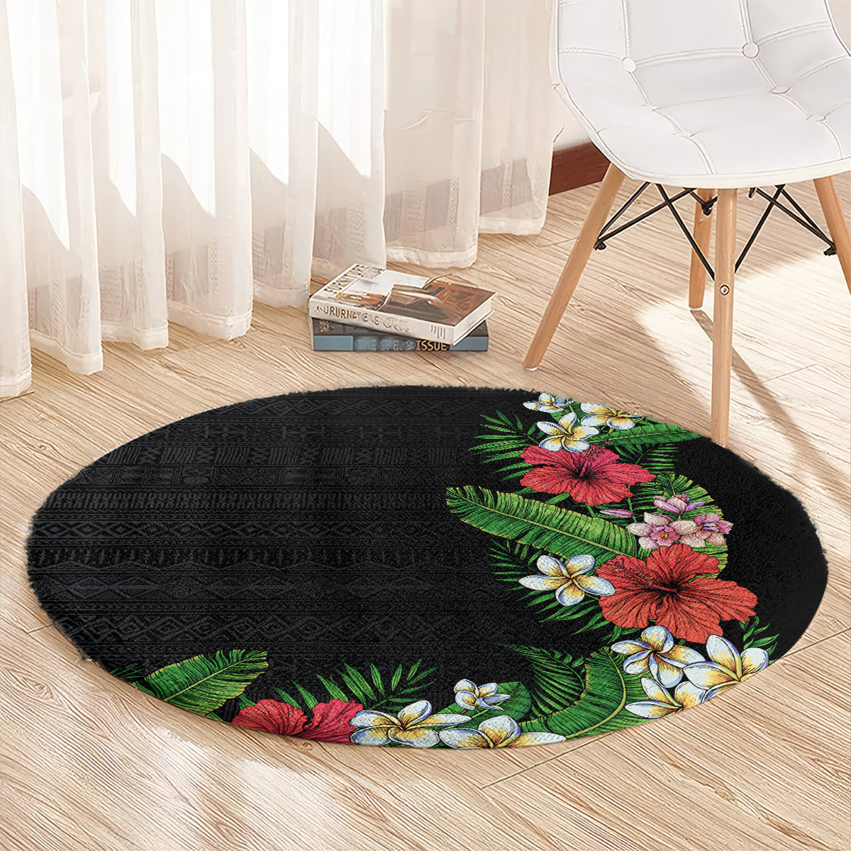Hawaii Tropical Flowers and Leaves Round Carpet Tapa Pattern Colorful Mode