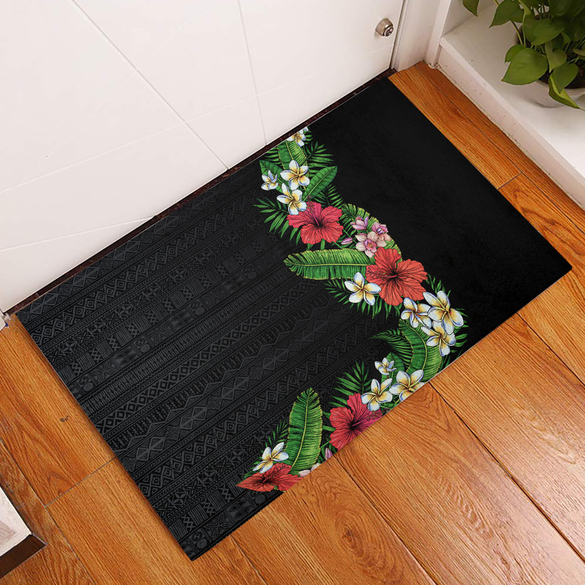 Hawaii Tropical Flowers and Leaves Rubber Doormat Tapa Pattern Colorful Mode