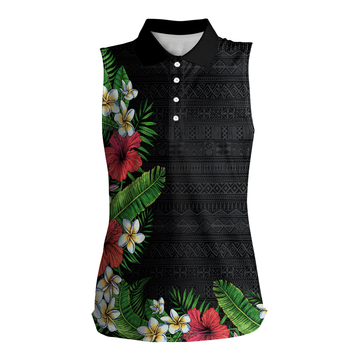Hawaii Tropical Flowers and Leaves Women Sleeveless Polo Shirt Tapa Pattern Colorful Mode