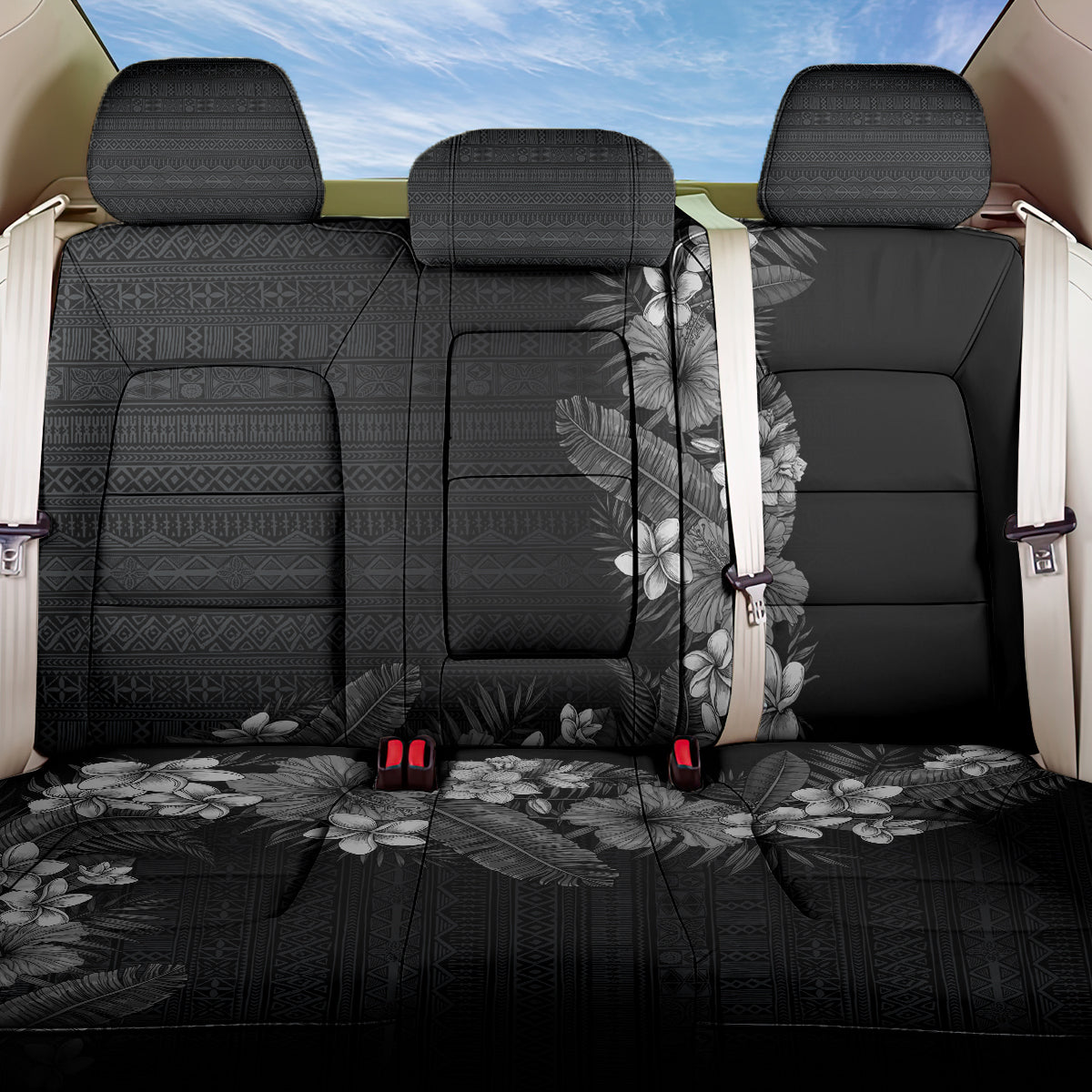 Hawaii Tropical Flowers and Leaves Back Car Seat Cover Tapa Pattern Grayscale Mode