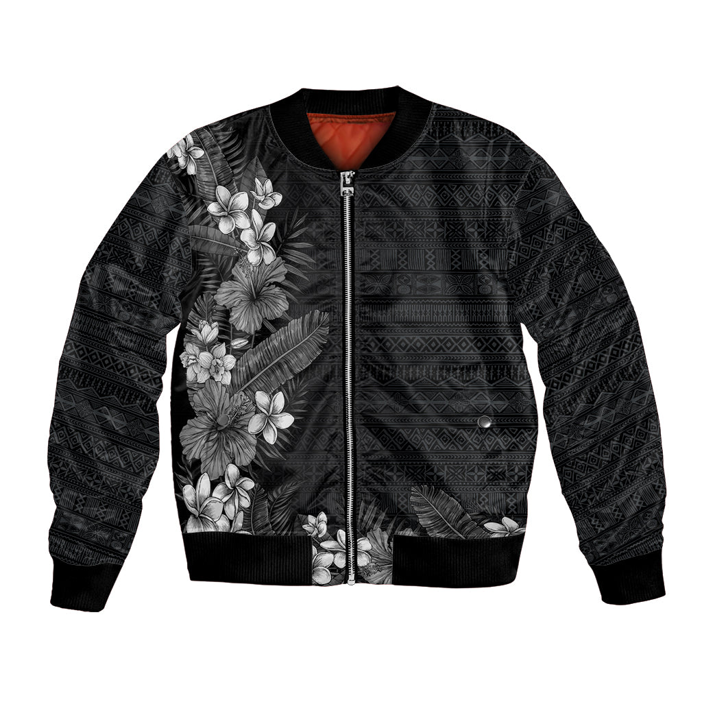 Hawaii Tropical Flowers and Leaves Bomber Jacket Tapa Pattern Grayscale Mode