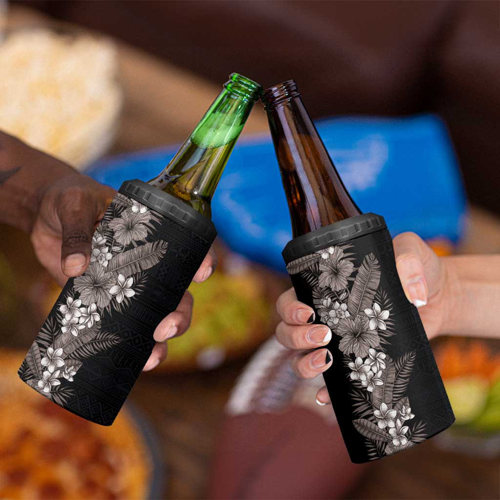 Hawaii Tropical Flowers and Leaves 4 in 1 Can Cooler Tumbler Tapa Pattern Grayscale Mode