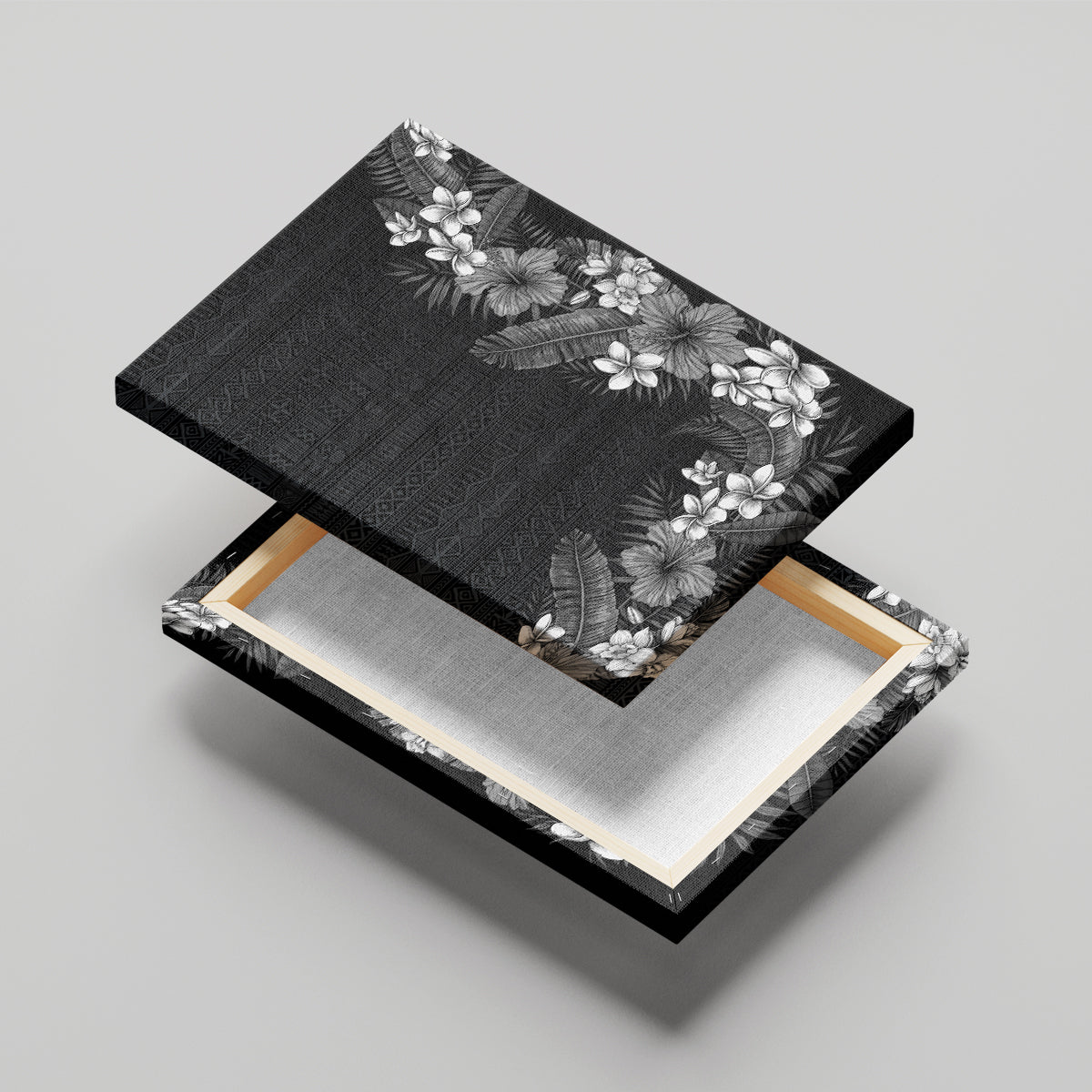 Hawaii Tropical Flowers and Leaves Canvas Wall Art Tapa Pattern Grayscale Mode