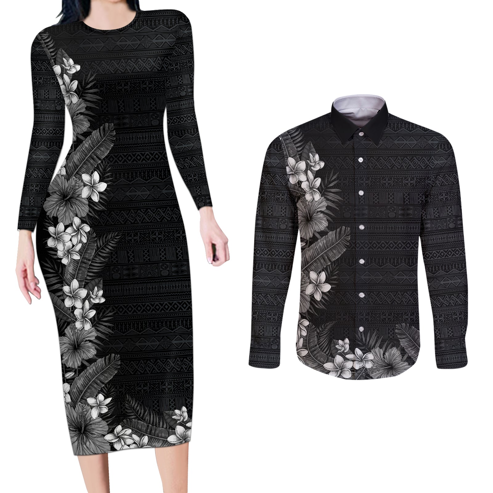 Hawaii Tropical Flowers and Leaves Couples Matching Long Sleeve Bodycon Dress and Long Sleeve Button Shirt Tapa Pattern Grayscale Mode