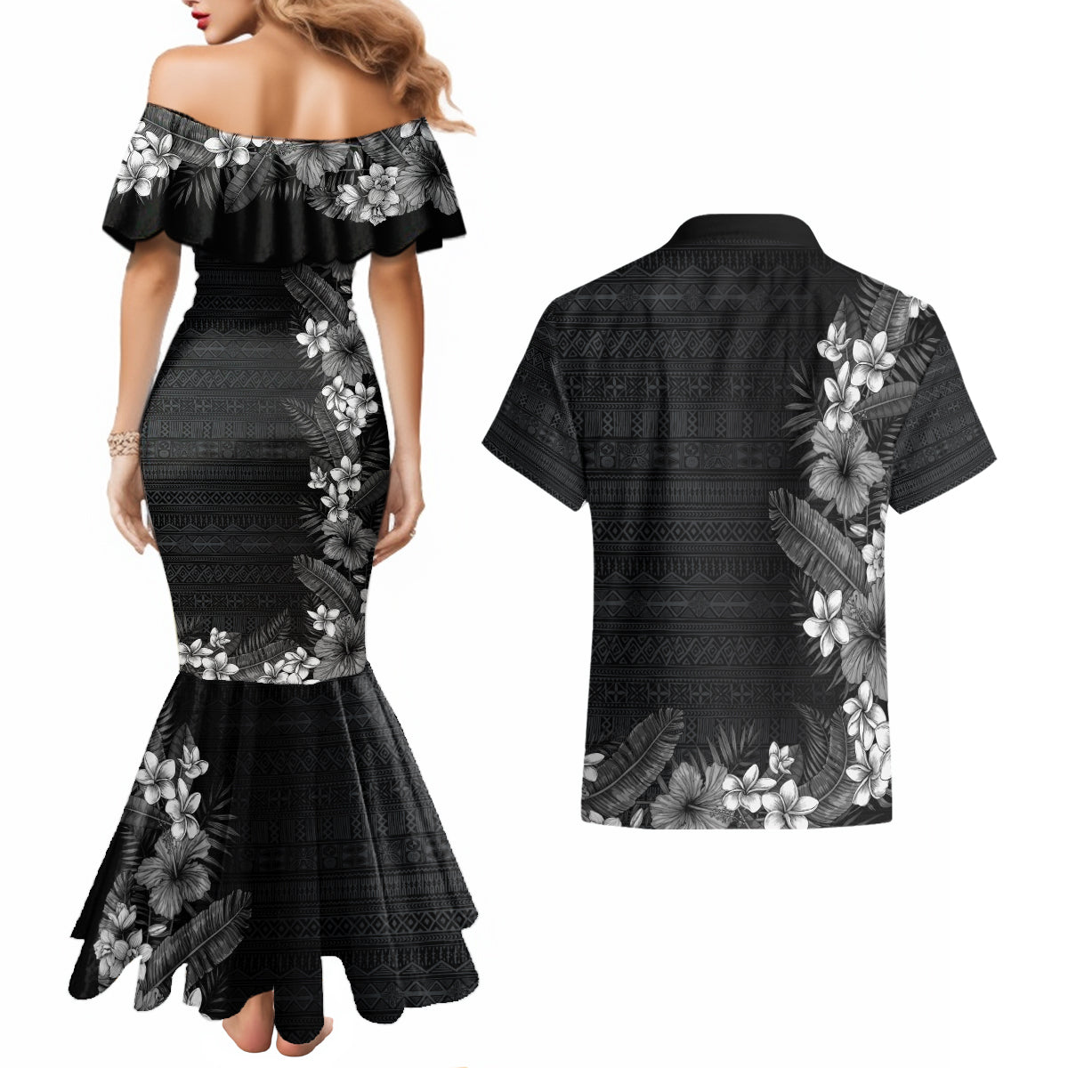 Hawaii Tropical Flowers and Leaves Couples Matching Mermaid Dress and Hawaiian Shirt Tapa Pattern Grayscale Mode