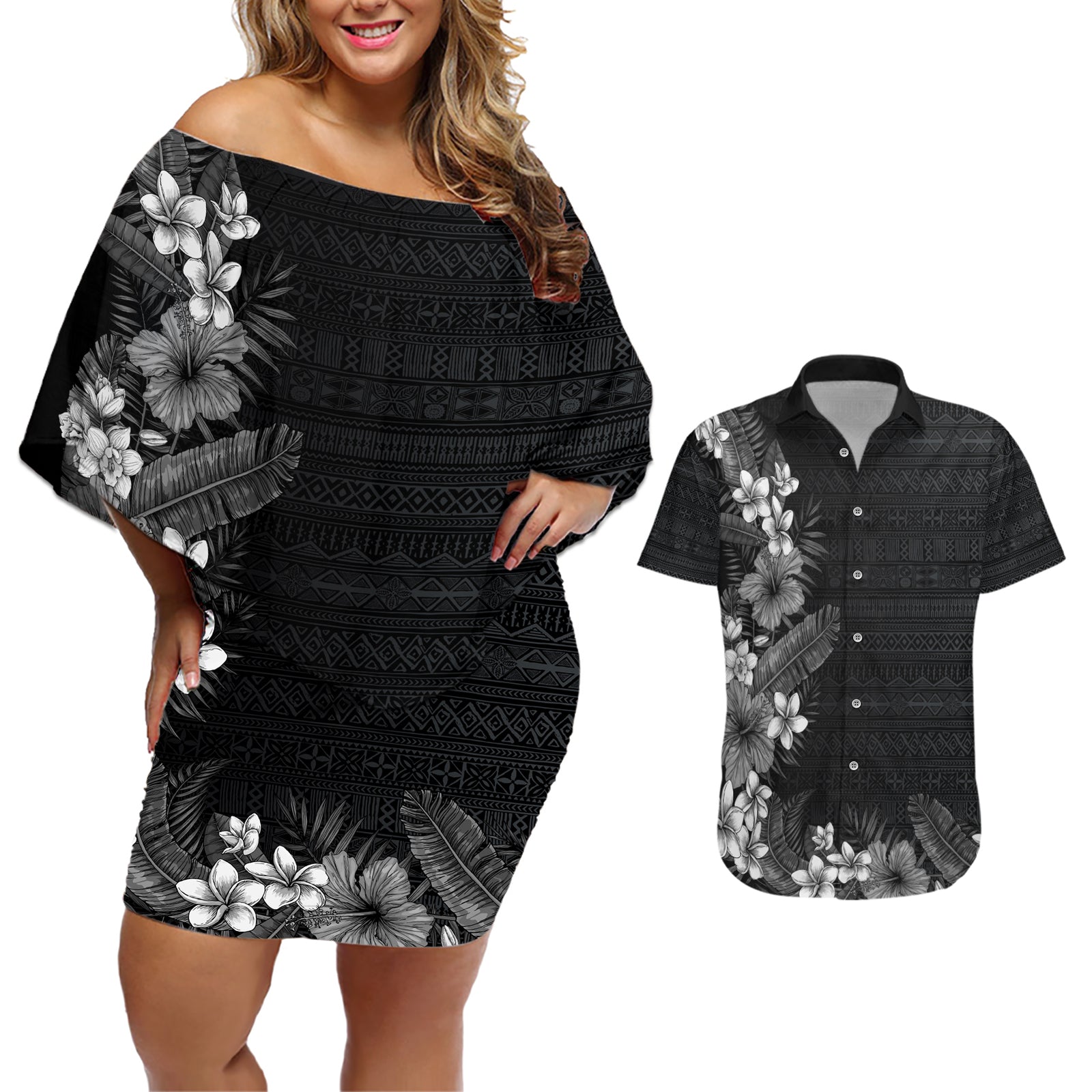Hawaii Tropical Flowers and Leaves Couples Matching Off Shoulder Short Dress and Hawaiian Shirt Tapa Pattern Grayscale Mode