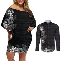 Hawaii Tropical Flowers and Leaves Couples Matching Off Shoulder Short Dress and Long Sleeve Button Shirt Tapa Pattern Grayscale Mode