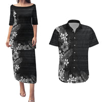 Hawaii Tropical Flowers and Leaves Couples Matching Puletasi and Hawaiian Shirt Tapa Pattern Grayscale Mode