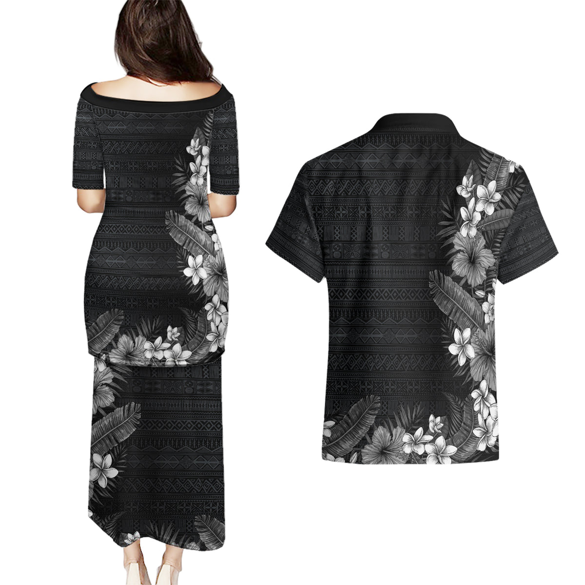Hawaii Tropical Flowers and Leaves Couples Matching Puletasi and Hawaiian Shirt Tapa Pattern Grayscale Mode