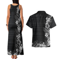 Hawaii Tropical Flowers and Leaves Couples Matching Tank Maxi Dress and Hawaiian Shirt Tapa Pattern Grayscale Mode