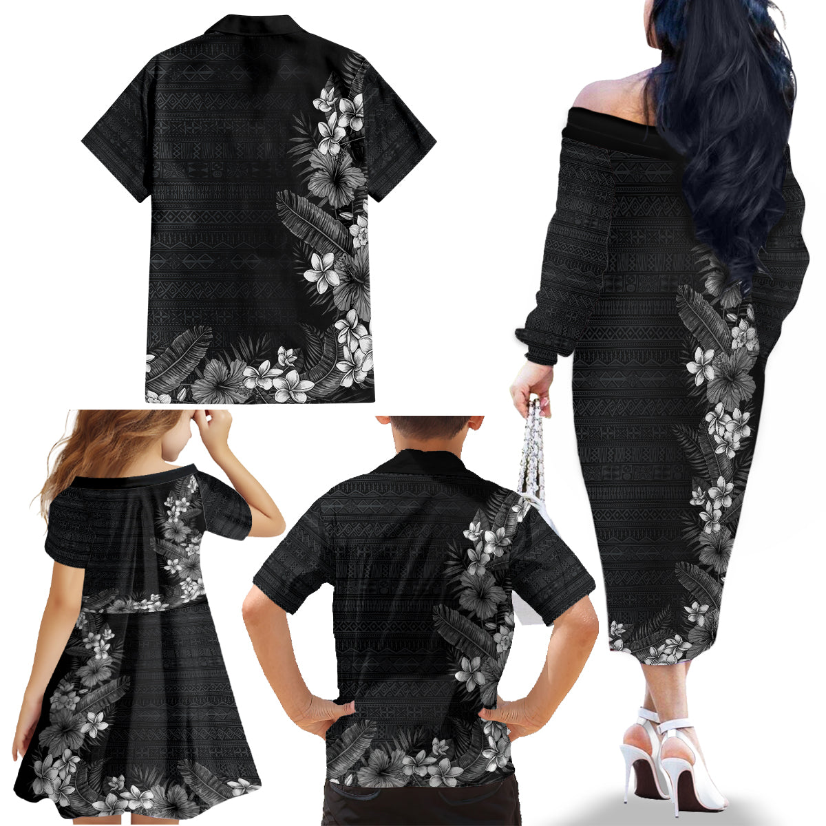 Hawaii Tropical Flowers and Leaves Family Matching Off The Shoulder Long Sleeve Dress and Hawaiian Shirt Tapa Pattern Grayscale Mode