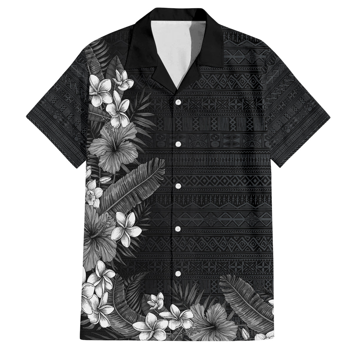 Hawaii Tropical Flowers and Leaves Family Matching Off The Shoulder Long Sleeve Dress and Hawaiian Shirt Tapa Pattern Grayscale Mode