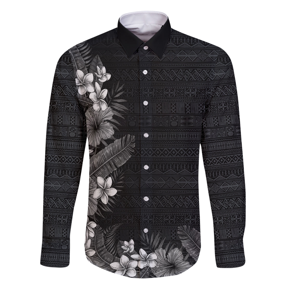 Hawaii Tropical Flowers and Leaves Family Matching Off The Shoulder Long Sleeve Dress and Hawaiian Shirt Tapa Pattern Grayscale Mode