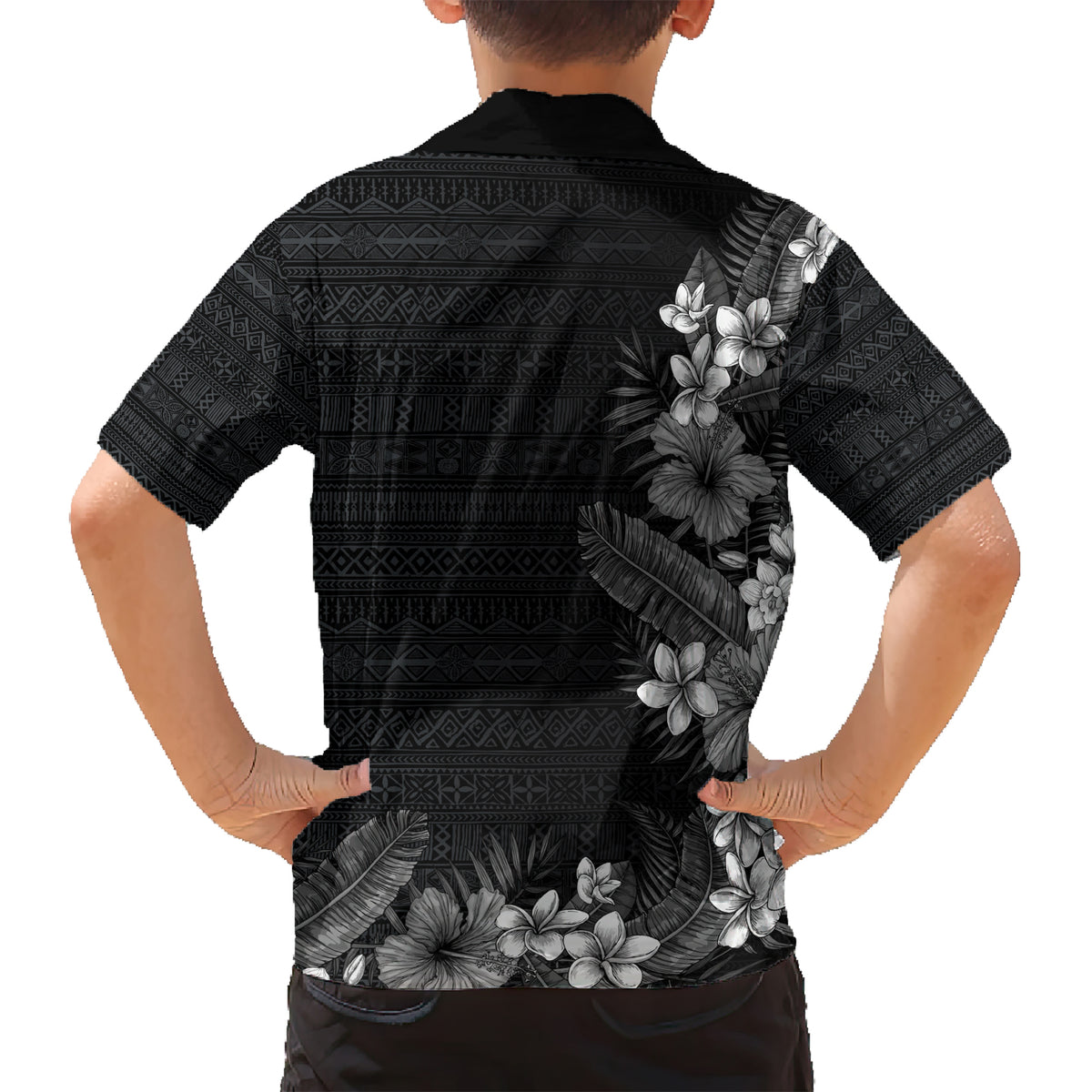 Hawaii Tropical Flowers and Leaves Hawaiian Shirt Tapa Pattern Grayscale Mode