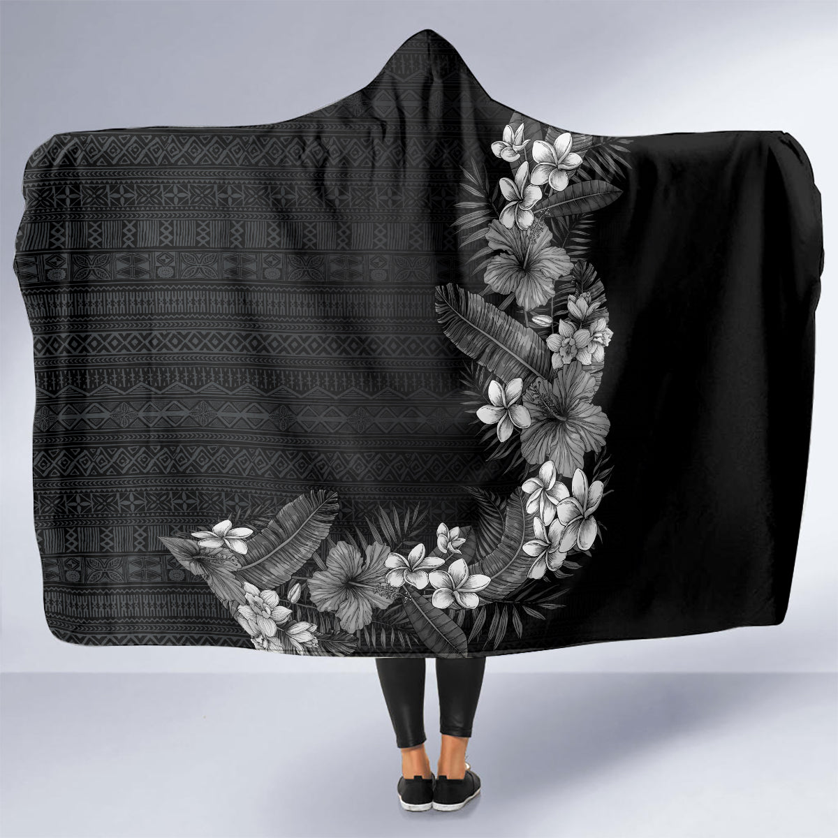 Hawaii Tropical Flowers and Leaves Hooded Blanket Tapa Pattern Grayscale Mode