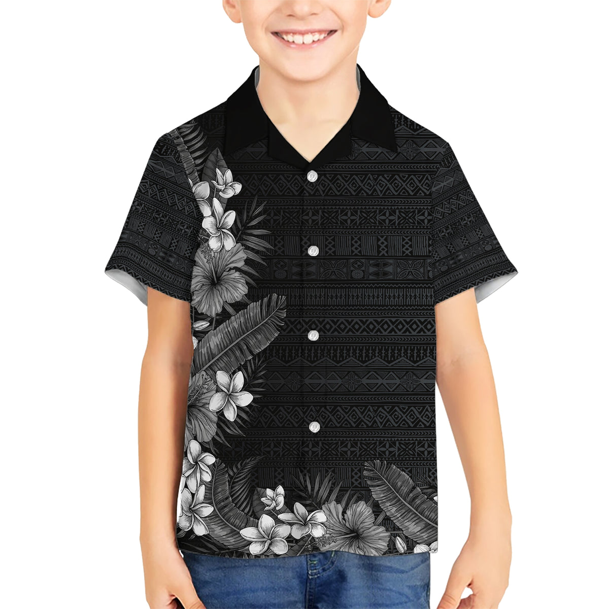 Hawaii Tropical Flowers and Leaves Kid Hawaiian Shirt Tapa Pattern Grayscale Mode