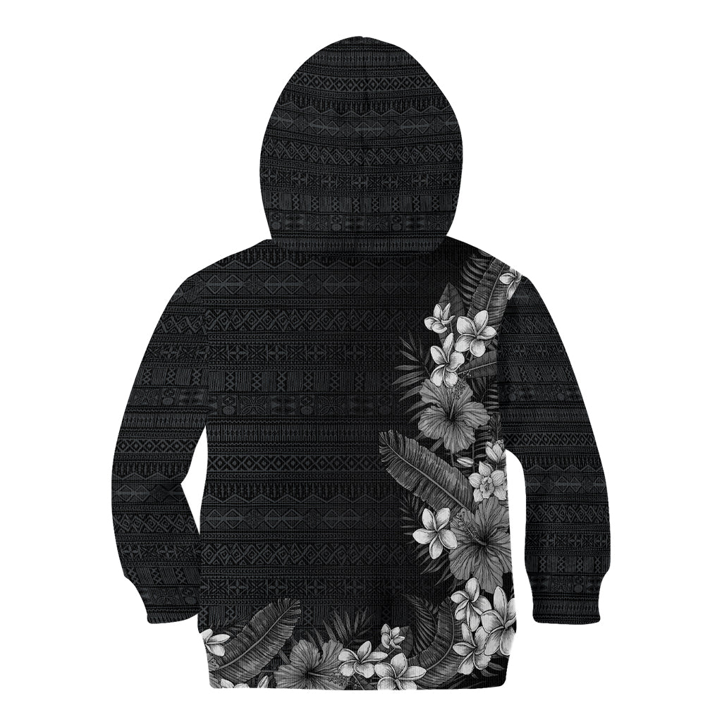 Hawaii Tropical Flowers and Leaves Kid Hoodie Tapa Pattern Grayscale Mode