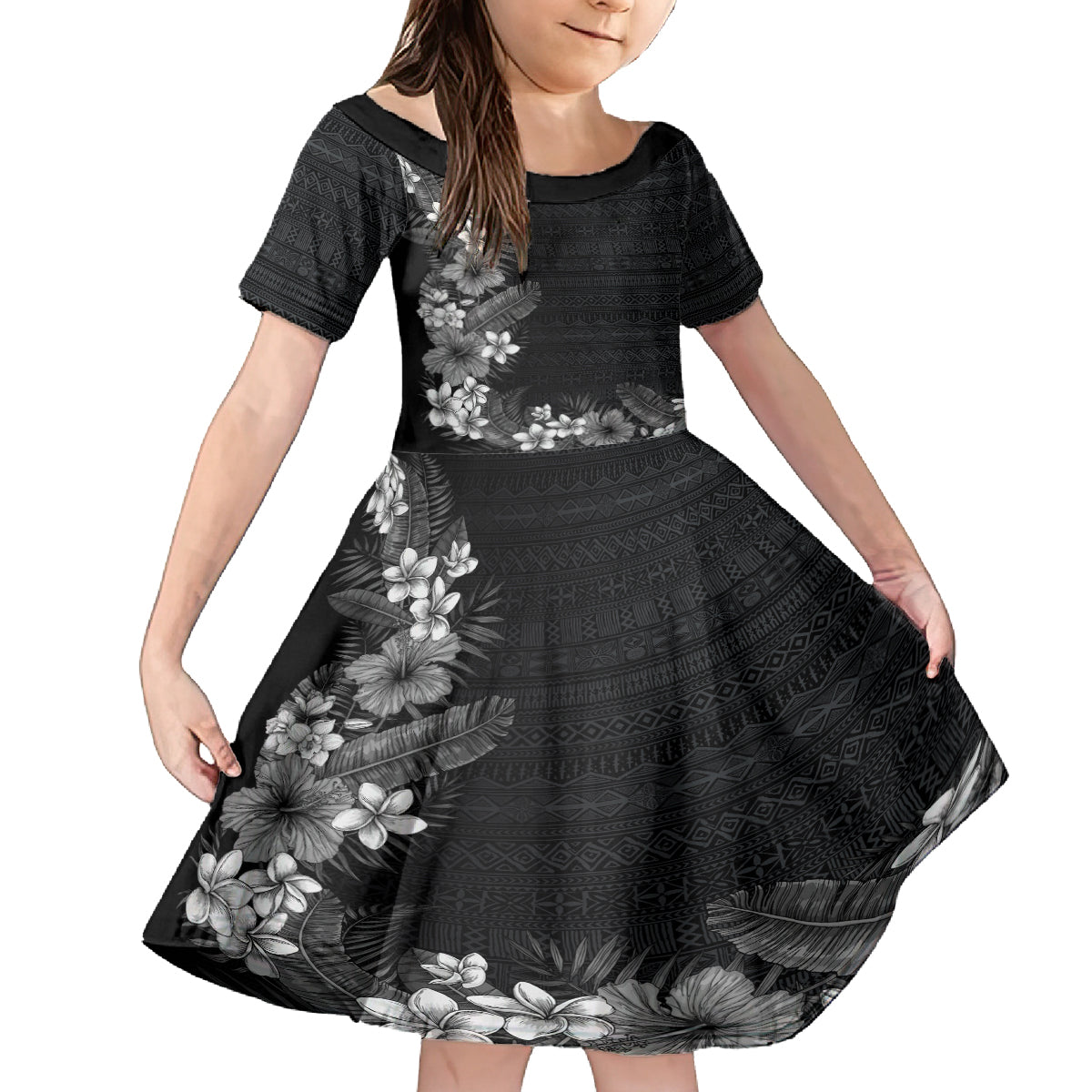 Hawaii Tropical Flowers and Leaves Kid Short Sleeve Dress Tapa Pattern Grayscale Mode