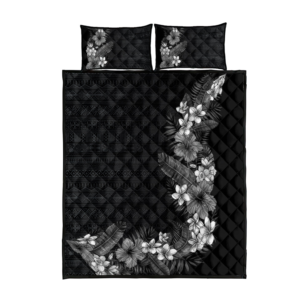 Hawaii Tropical Flowers and Leaves Quilt Bed Set Tapa Pattern Grayscale Mode