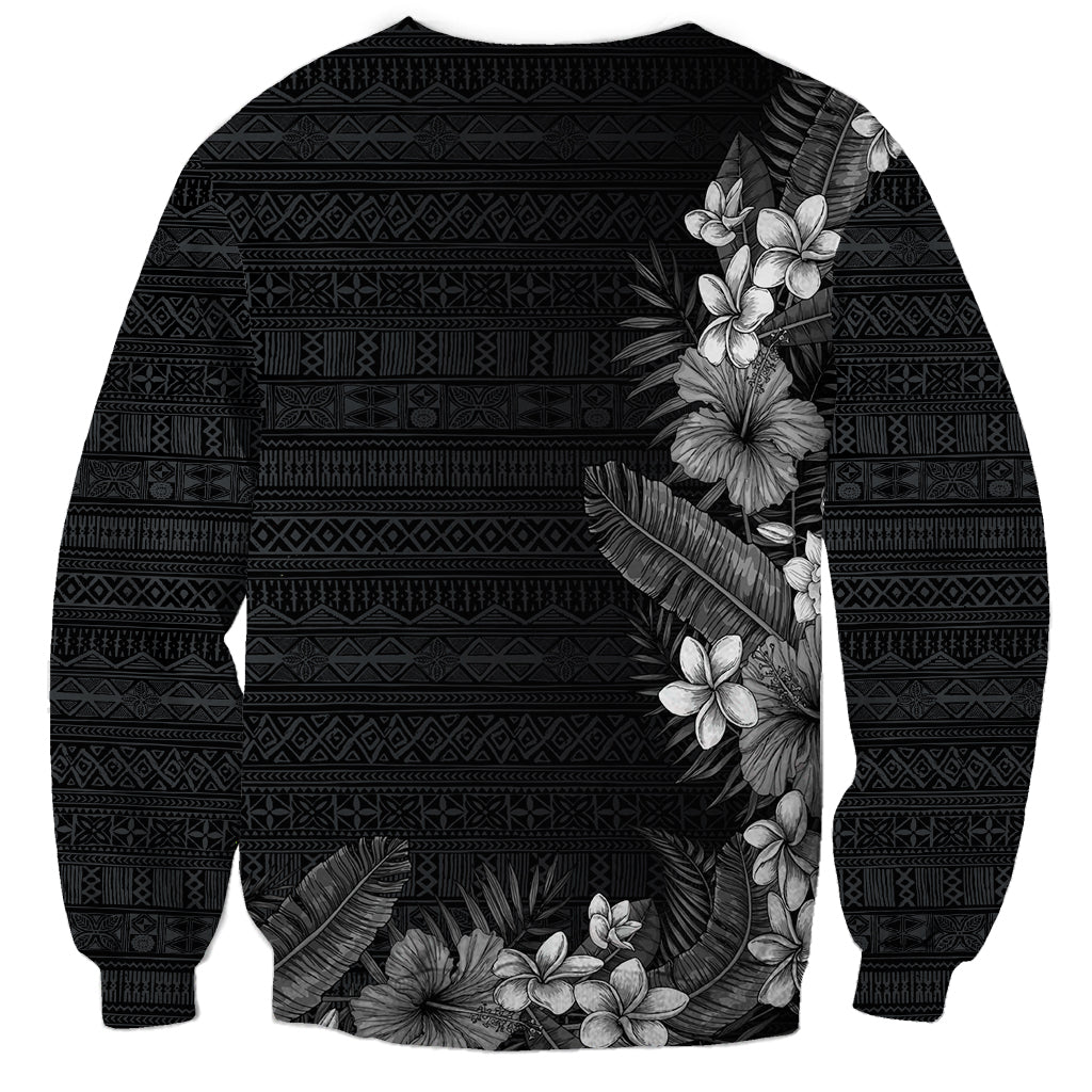 Hawaii Tropical Flowers and Leaves Sweatshirt Tapa Pattern Grayscale Mode