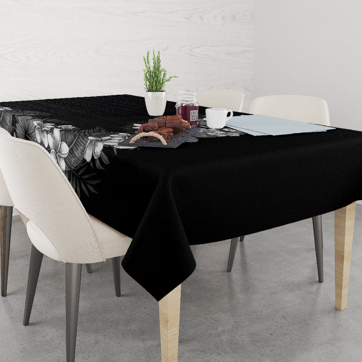 Hawaii Tropical Flowers and Leaves Tablecloth Tapa Pattern Grayscale Mode