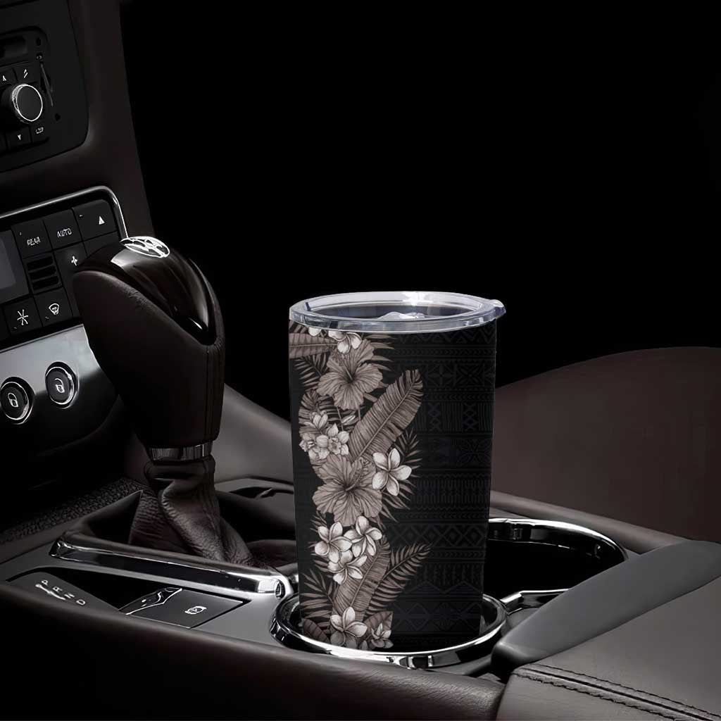 Hawaii Tropical Flowers and Leaves Tumbler Cup Tapa Pattern Grayscale Mode