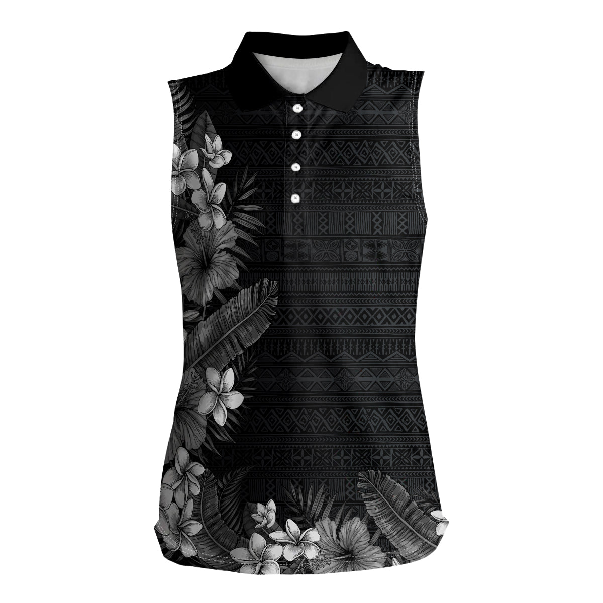 Hawaii Tropical Flowers and Leaves Women Sleeveless Polo Shirt Tapa Pattern Grayscale Mode