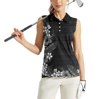 Hawaii Tropical Flowers and Leaves Women Sleeveless Polo Shirt Tapa Pattern Grayscale Mode