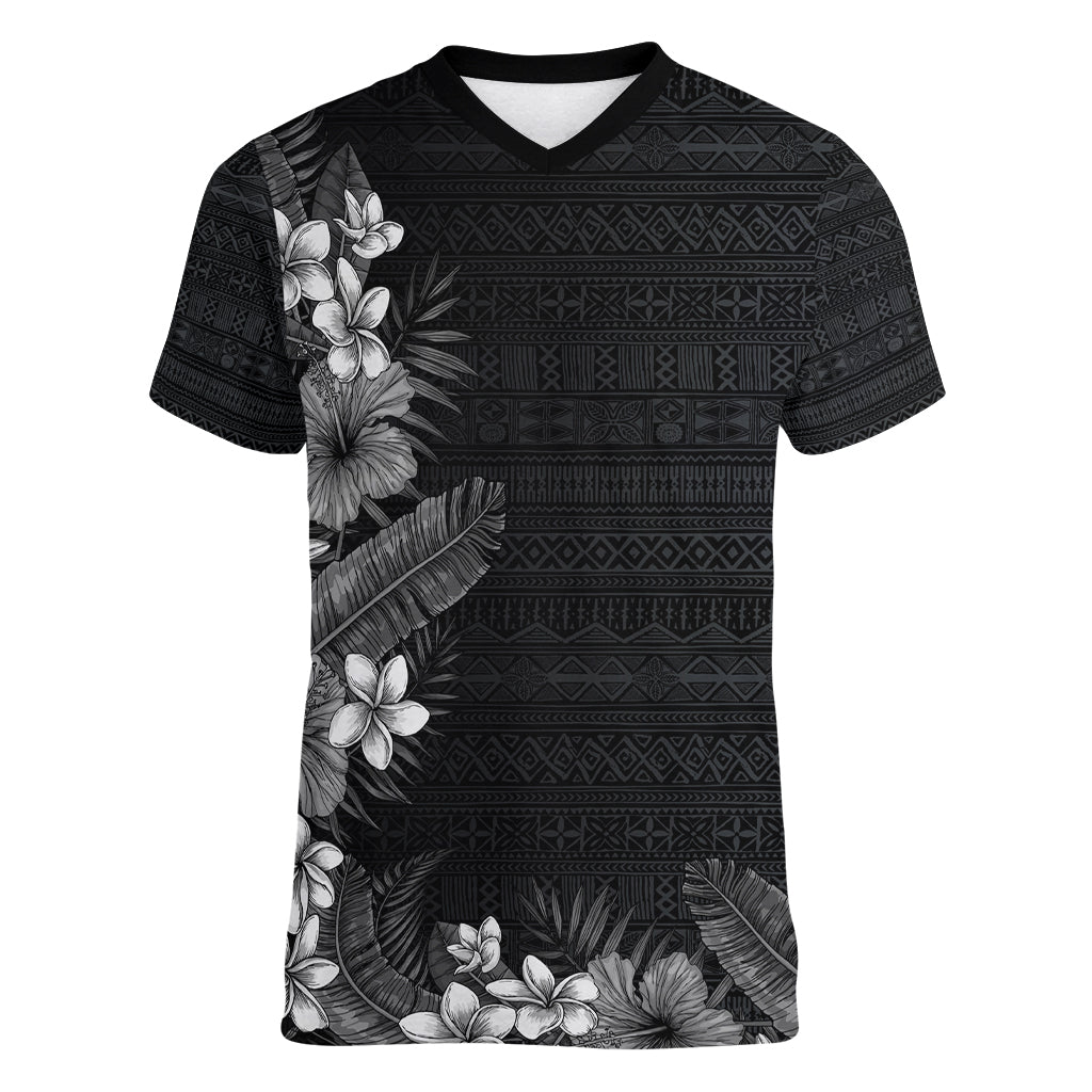 Hawaii Tropical Flowers and Leaves Women V-Neck T-Shirt Tapa Pattern Grayscale Mode