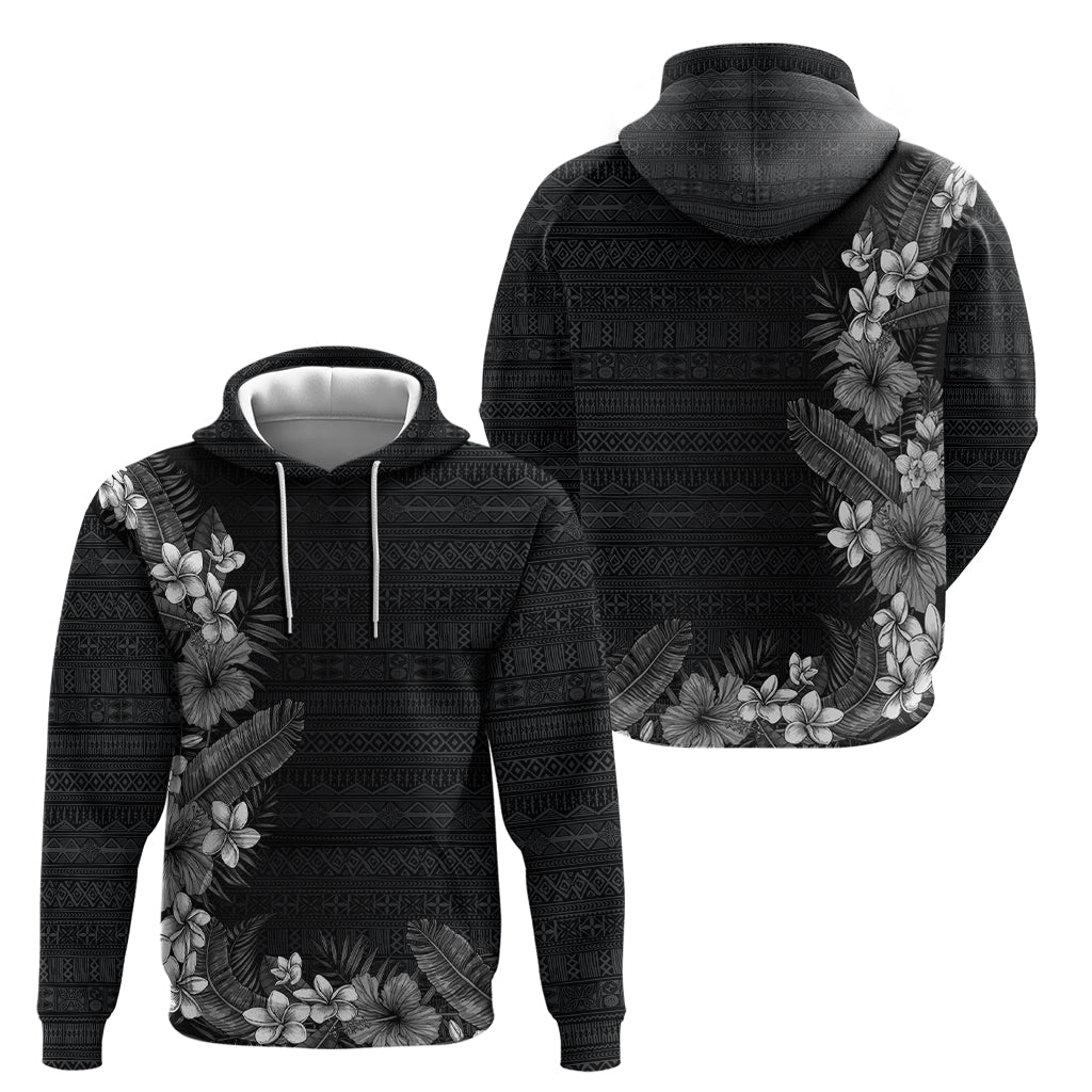 Hawaii Tropical Flowers and Leaves Zip Hoodie Tapa Pattern Grayscale Mode