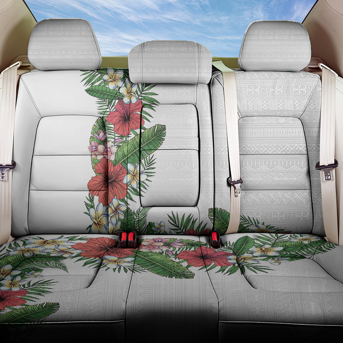 Hawaii Tropical Flowers and Leaves Back Car Seat Cover Tapa Pattern White Mode