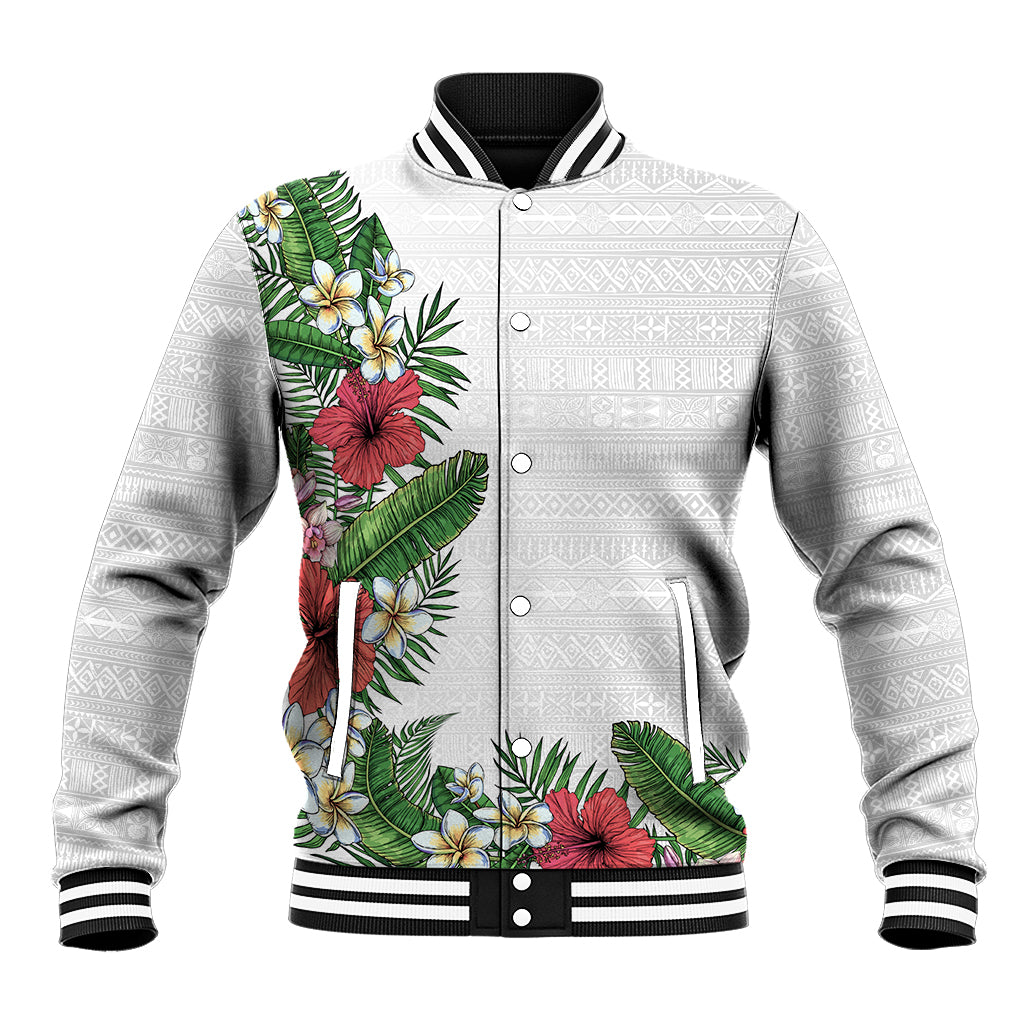 Hawaii Tropical Flowers and Leaves Baseball Jacket Tapa Pattern White Mode