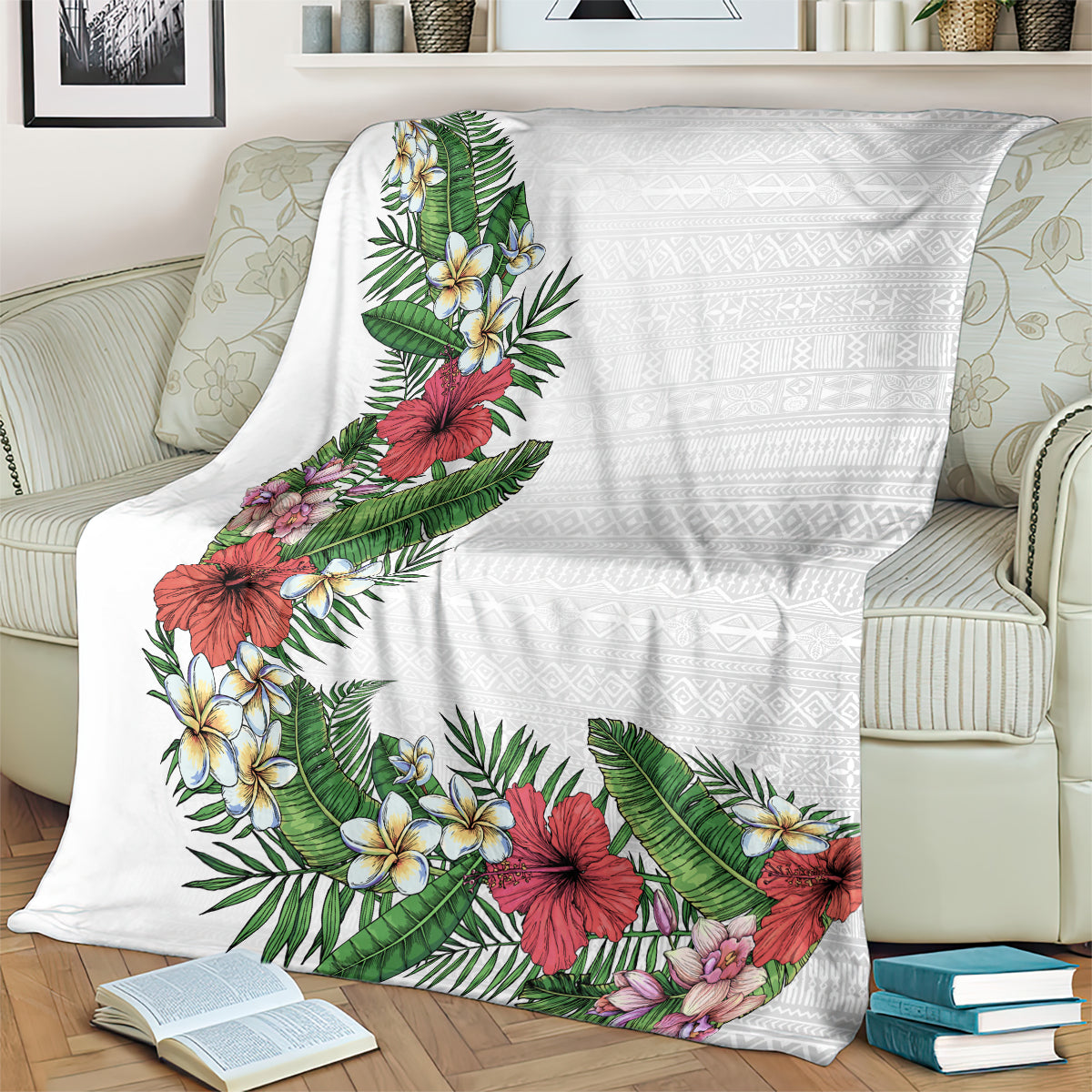 Hawaii Tropical Flowers and Leaves Blanket Tapa Pattern White Mode