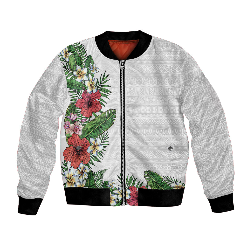 Hawaii Tropical Flowers and Leaves Bomber Jacket Tapa Pattern White Mode