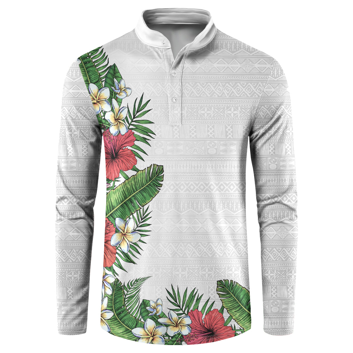 Hawaii Tropical Flowers and Leaves Button Sweatshirt Tapa Pattern White Mode