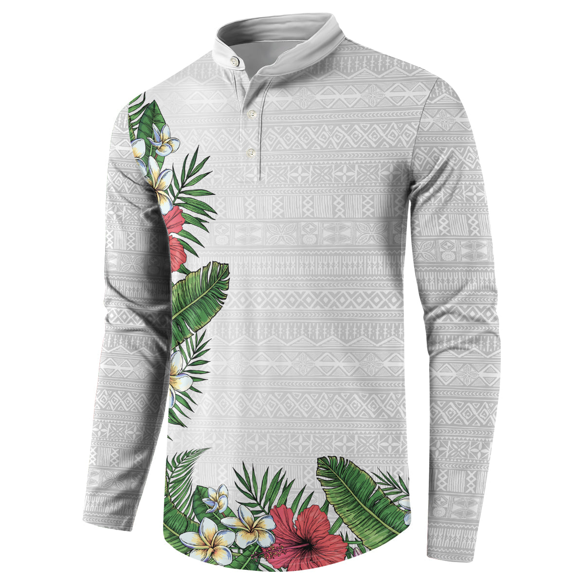 Hawaii Tropical Flowers and Leaves Button Sweatshirt Tapa Pattern White Mode