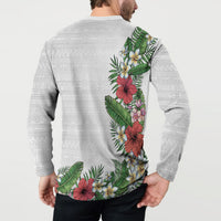 Hawaii Tropical Flowers and Leaves Button Sweatshirt Tapa Pattern White Mode