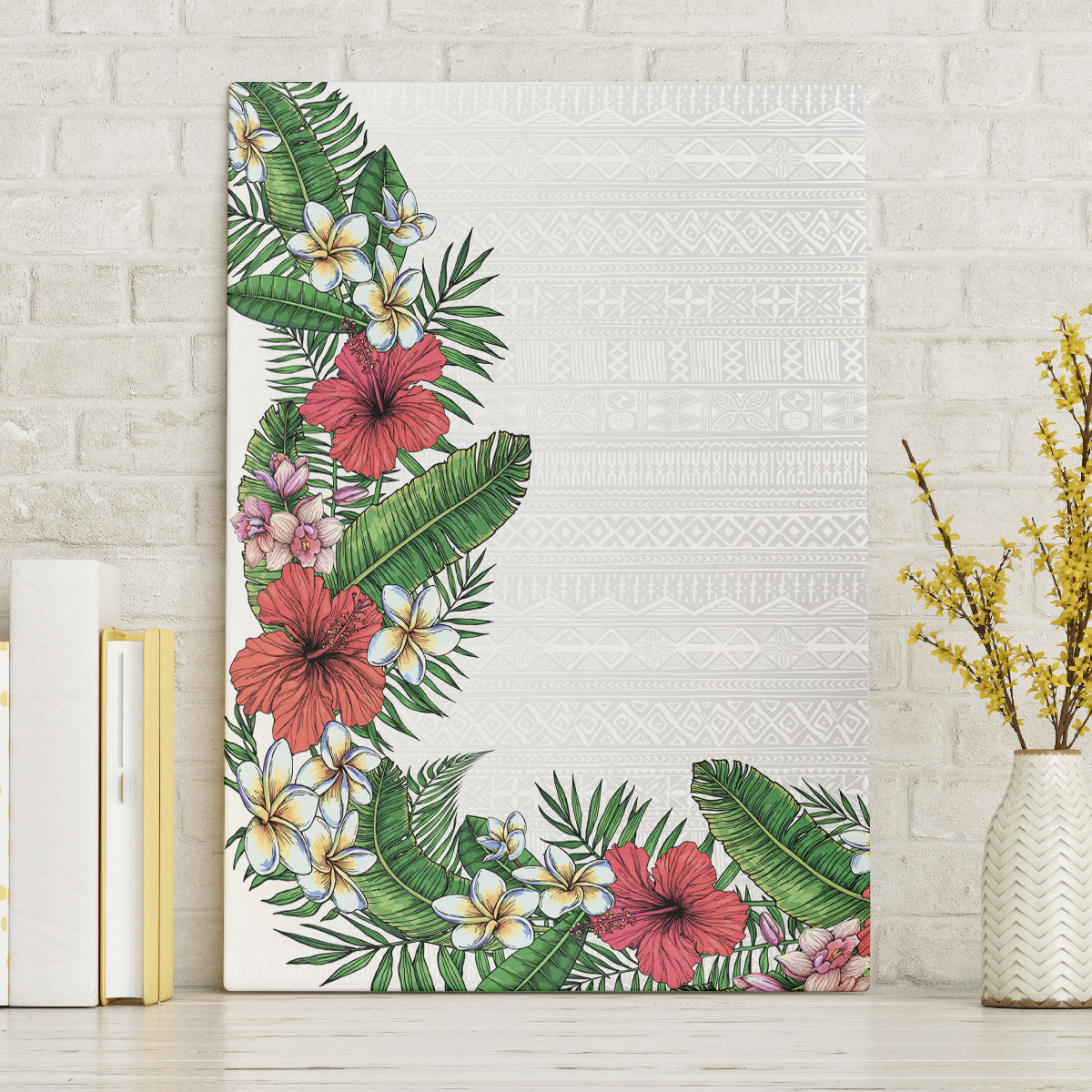 Hawaii Tropical Flowers and Leaves Canvas Wall Art Tapa Pattern White Mode