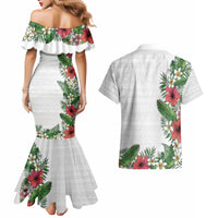 Hawaii Tropical Flowers and Leaves Couples Matching Mermaid Dress and Hawaiian Shirt Tapa Pattern White Mode