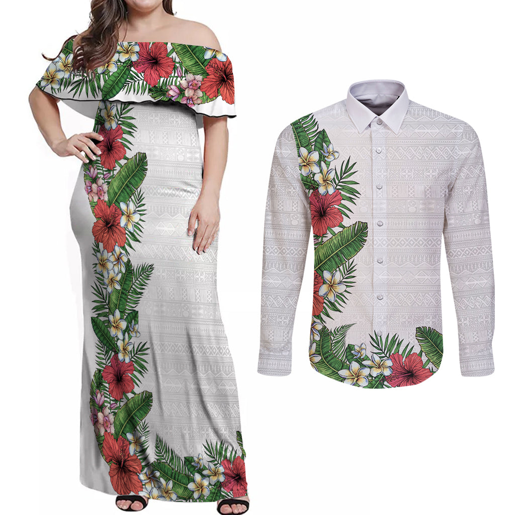 Hawaii Tropical Flowers and Leaves Couples Matching Off Shoulder Maxi Dress and Long Sleeve Button Shirt Tapa Pattern White Mode