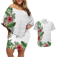 Hawaii Tropical Flowers and Leaves Couples Matching Off Shoulder Short Dress and Hawaiian Shirt Tapa Pattern White Mode