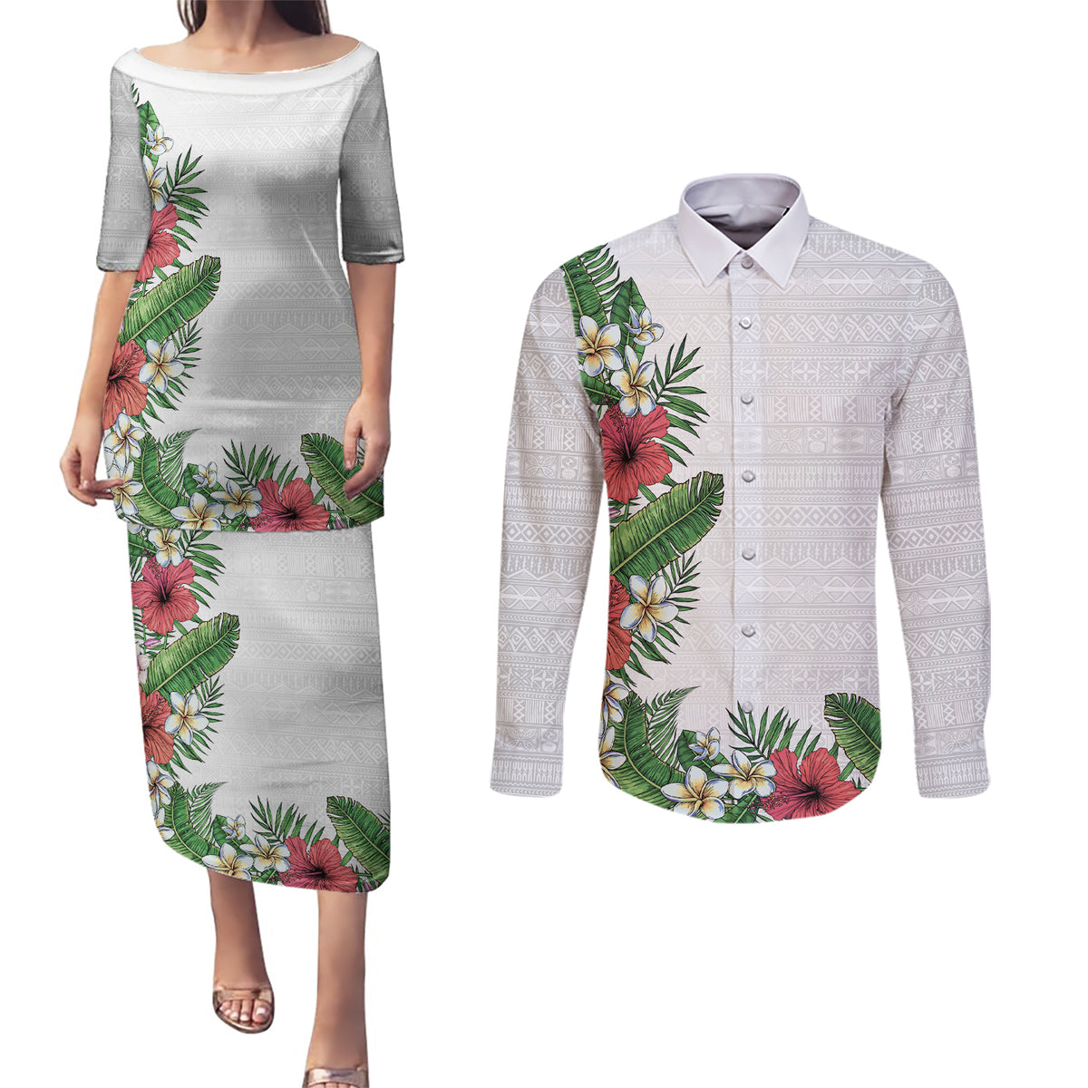 Hawaii Tropical Flowers and Leaves Couples Matching Puletasi and Long Sleeve Button Shirt Tapa Pattern White Mode