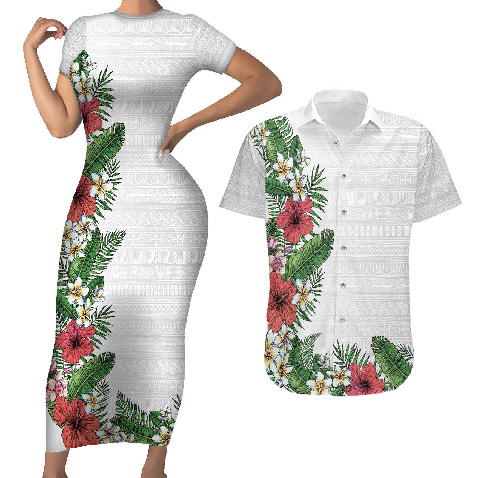 Hawaii Tropical Flowers and Leaves Couples Matching Short Sleeve Bodycon Dress and Hawaiian Shirt Tapa Pattern White Mode