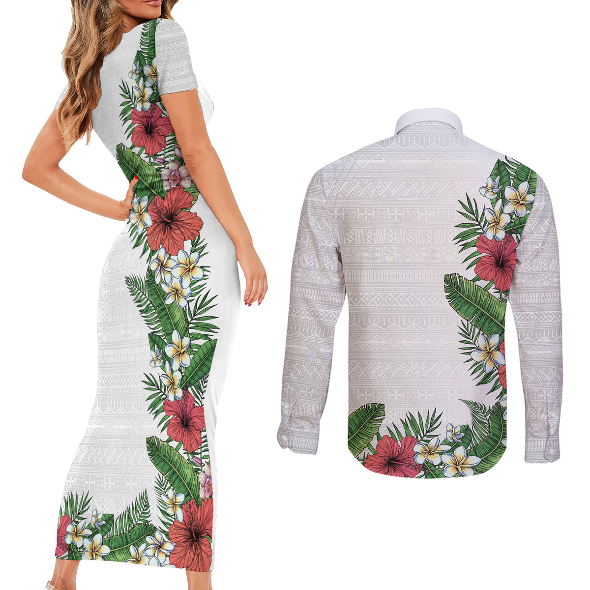 Hawaii Tropical Flowers and Leaves Couples Matching Short Sleeve Bodycon Dress and Long Sleeve Button Shirt Tapa Pattern White Mode