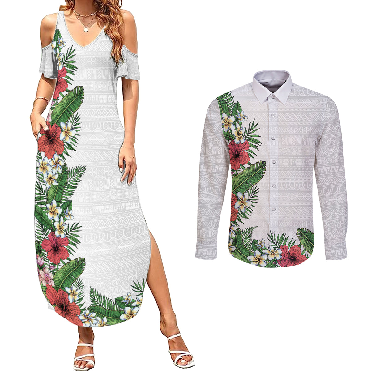 Hawaii Tropical Flowers and Leaves Couples Matching Summer Maxi Dress and Long Sleeve Button Shirt Tapa Pattern White Mode