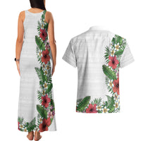 Hawaii Tropical Flowers and Leaves Couples Matching Tank Maxi Dress and Hawaiian Shirt Tapa Pattern White Mode