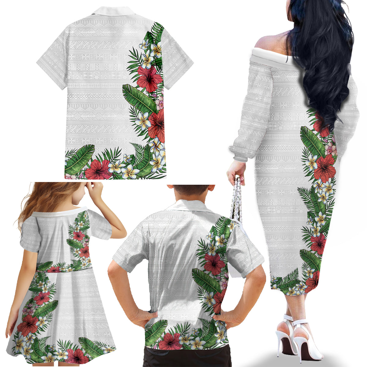 Hawaii Tropical Flowers and Leaves Family Matching Off The Shoulder Long Sleeve Dress and Hawaiian Shirt Tapa Pattern White Mode