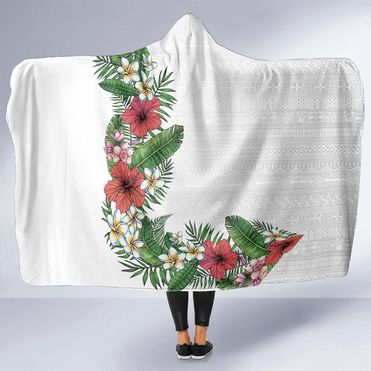 Hawaii Tropical Flowers and Leaves Hooded Blanket Tapa Pattern White Mode